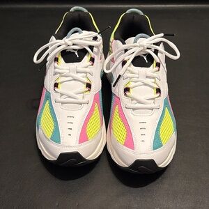 Cell Speed Puma Shoes in White, Pink, Yellow, and Blue